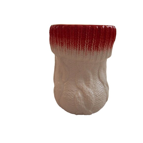 Anthropologie Christmas Cable Knit  Ceramic Stocking Boot Mug Red White EUC - Picture 3 of 14